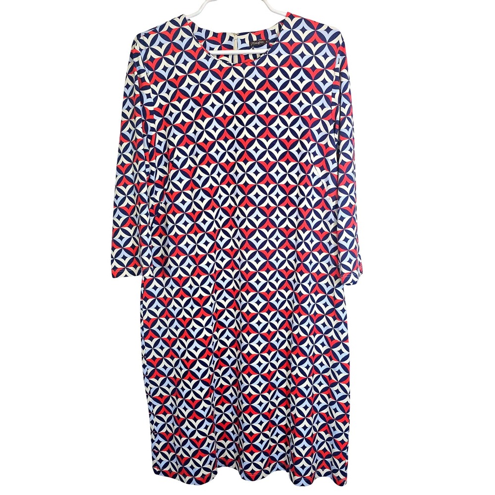 J. McLaughlin XL Geometric‎ Midi Shift Dress 3/4 Sleeve Knee-Length Blue Red Zip